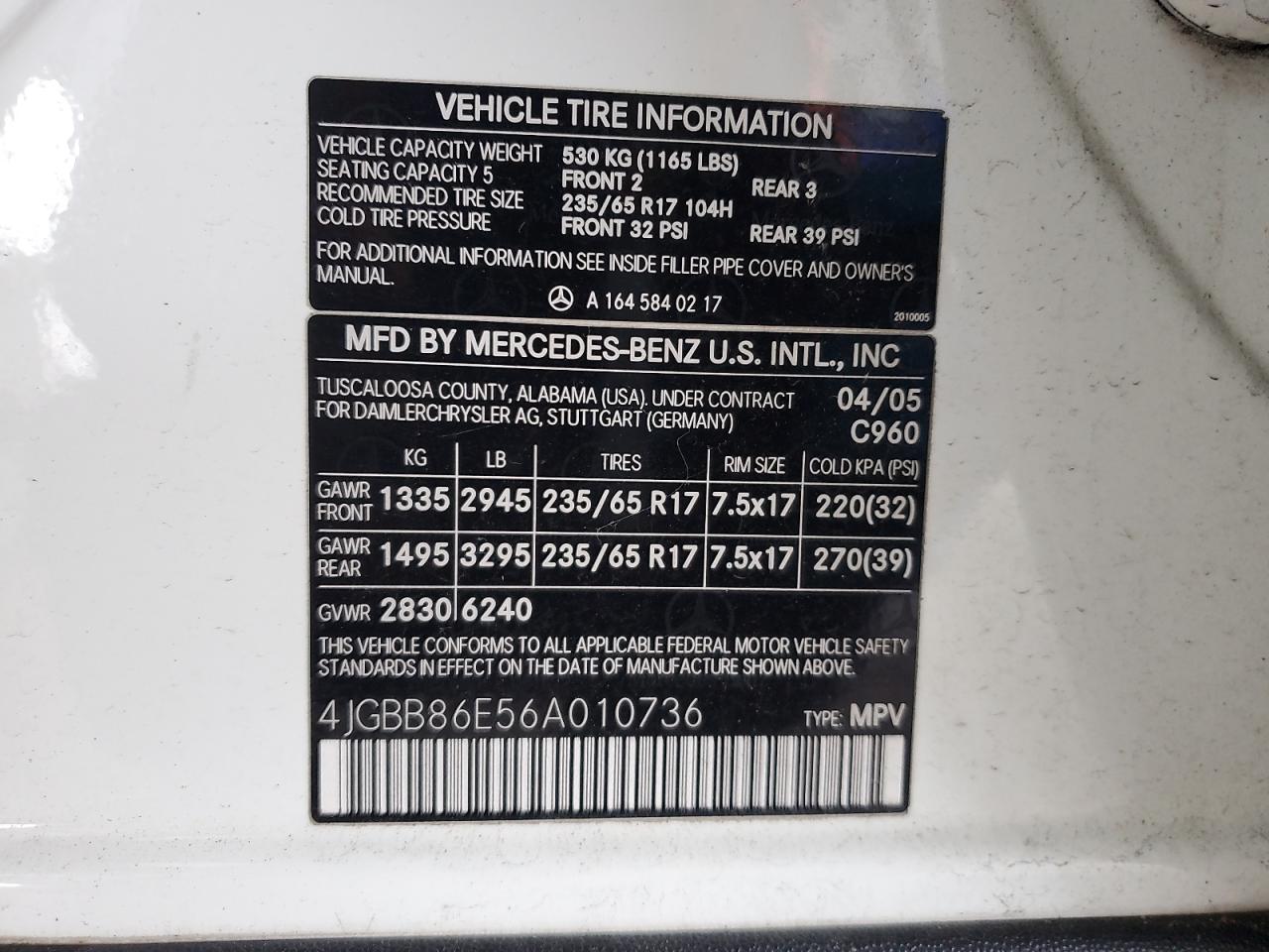 2006 Mercedes-Benz Ml 350 VIN: 4JGBB86E56A010736 Lot: 64853205