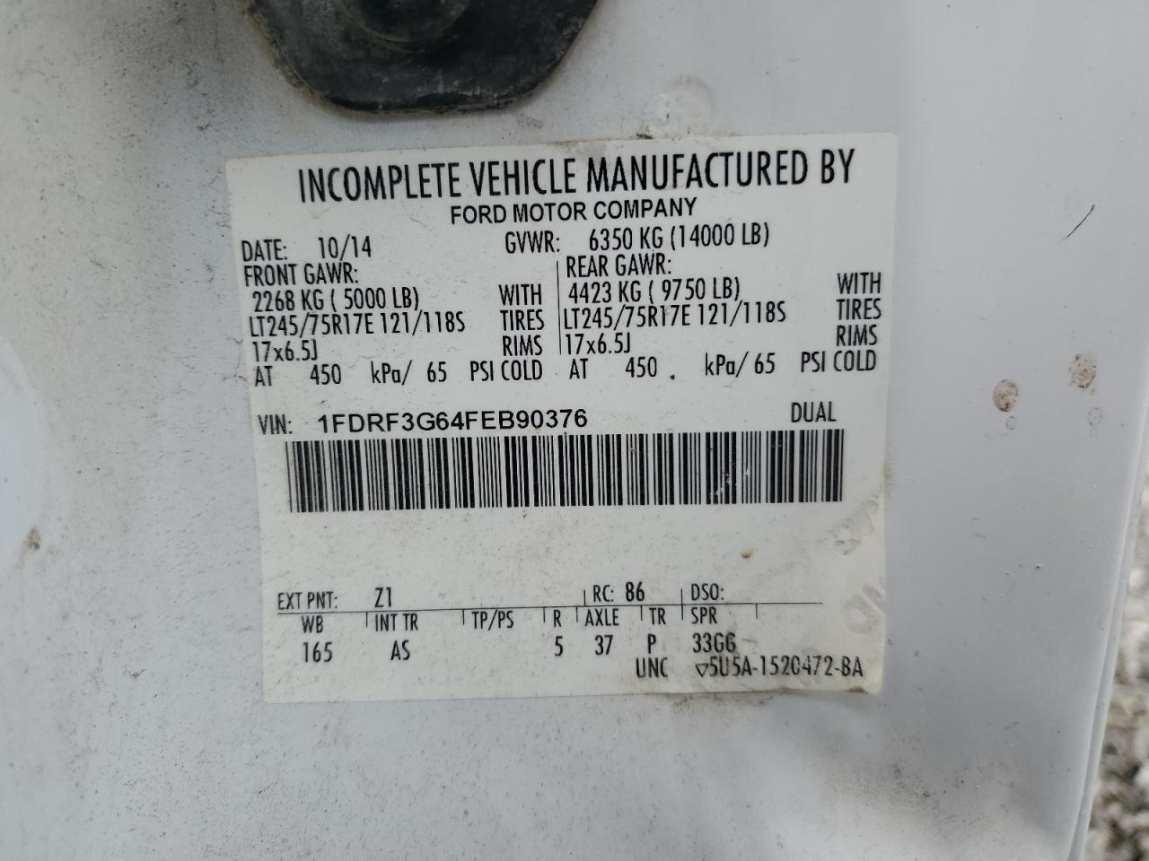 2015 Ford F350 Super Duty VIN: 1FDRF3G64FEB90376 Lot: 63403755