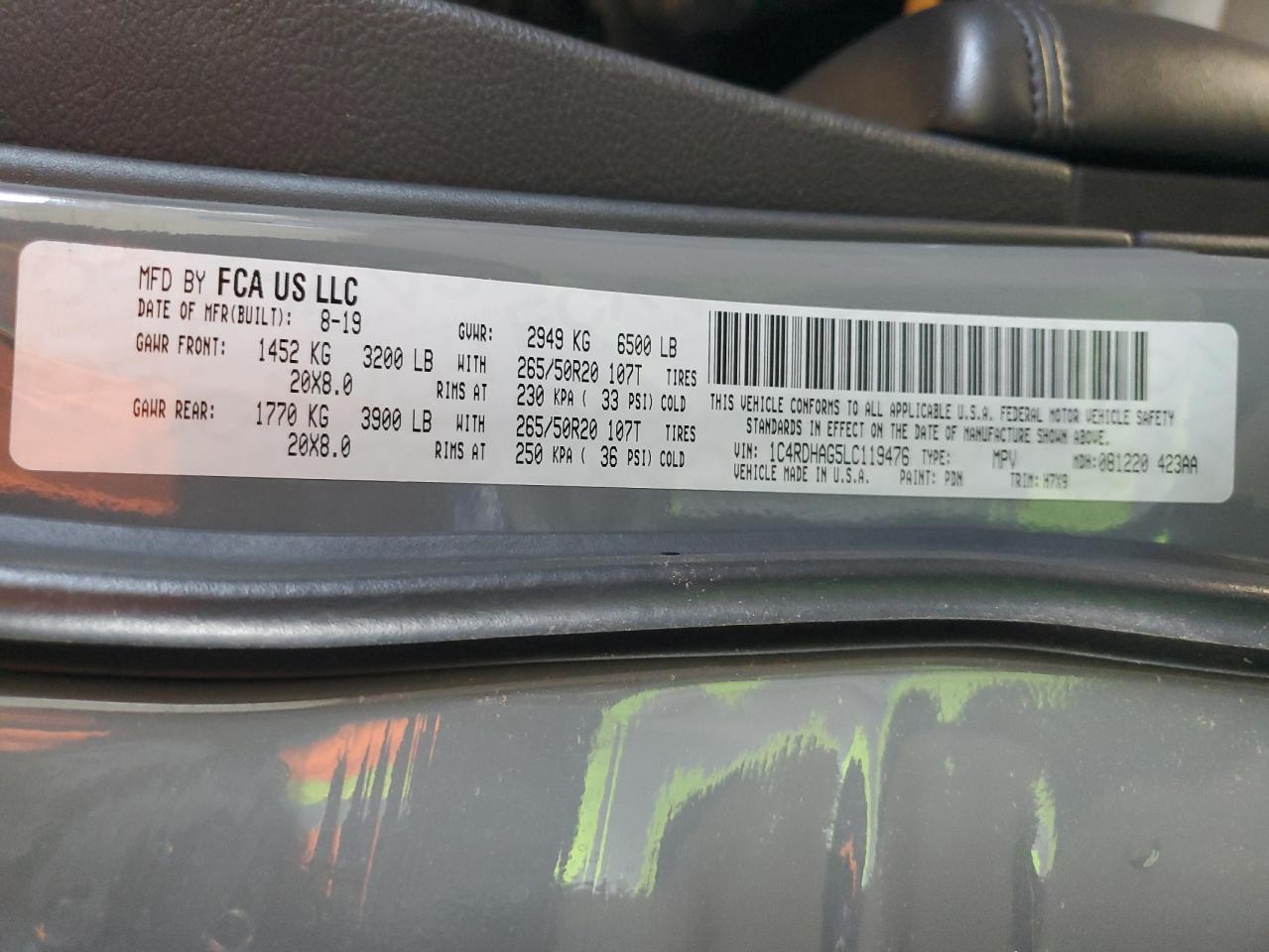 2020 Dodge Durango Sxt VIN: 1C4RDHAG5LC119476 Lot: 61285035