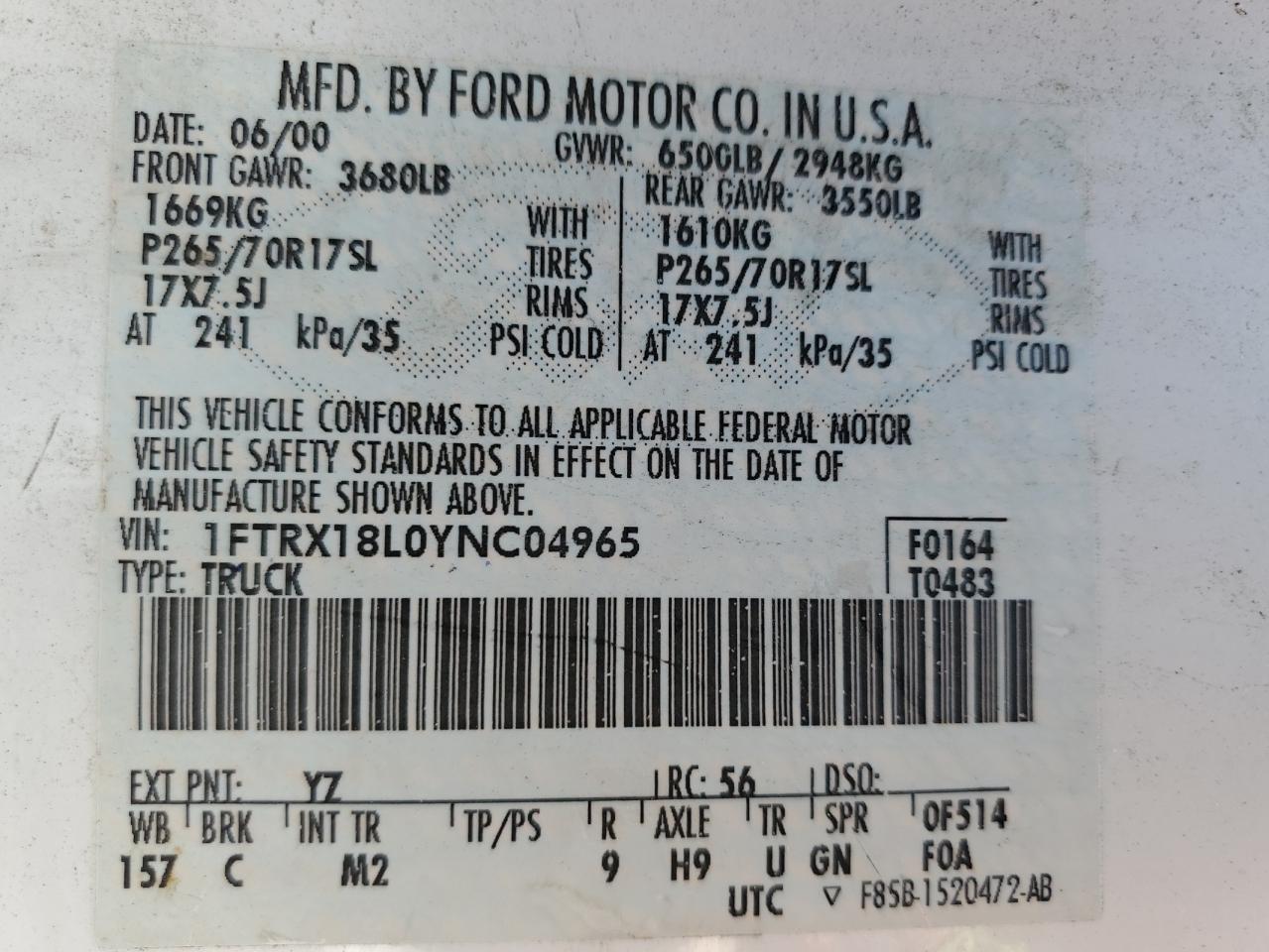2000 Ford F150 VIN: 1FTRX18L0YNC04965 Lot: 64230515
