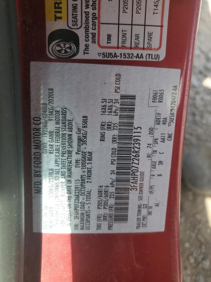 2006 Ford Fusion Se VIN: 3FAHP07Z26R239115 Lot: 66203145