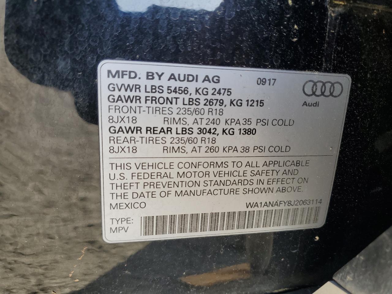 2018 Audi Q5 Premium VIN: WA1ANAFY8J2063114 Lot: 65220435