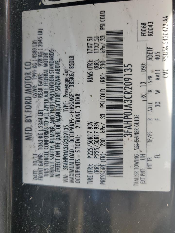 2012 Ford Fusion Sel VIN: 3FAHP0JA3CR209135 Lot: 64639455