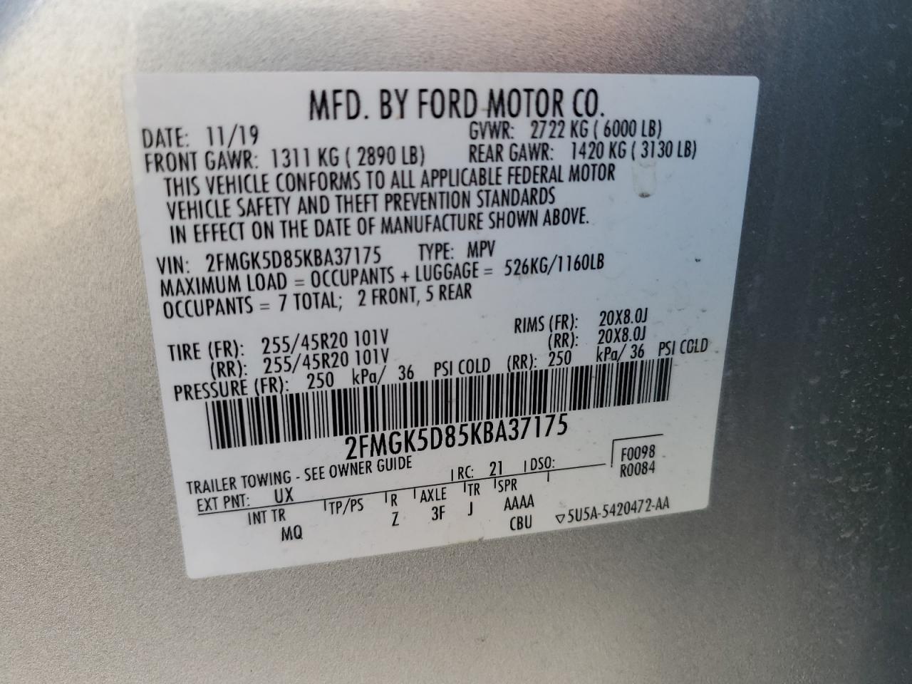 2019 Ford Flex Limited VIN: 2FMGK5D85KBA37175 Lot: 62998085