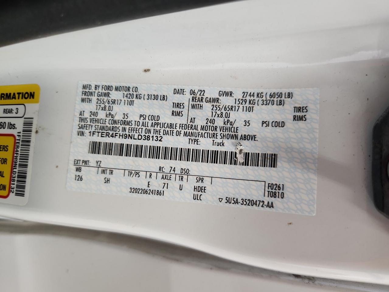2022 Ford Ranger Xl VIN: 1FTER4FH9NLD38132 Lot: 65424705