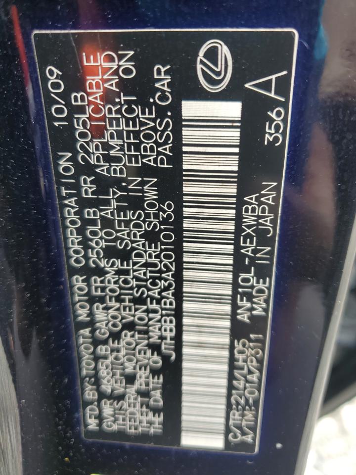 2010 Lexus Hs 250H VIN: JTHBB1BA3A2010136 Lot: 63105745