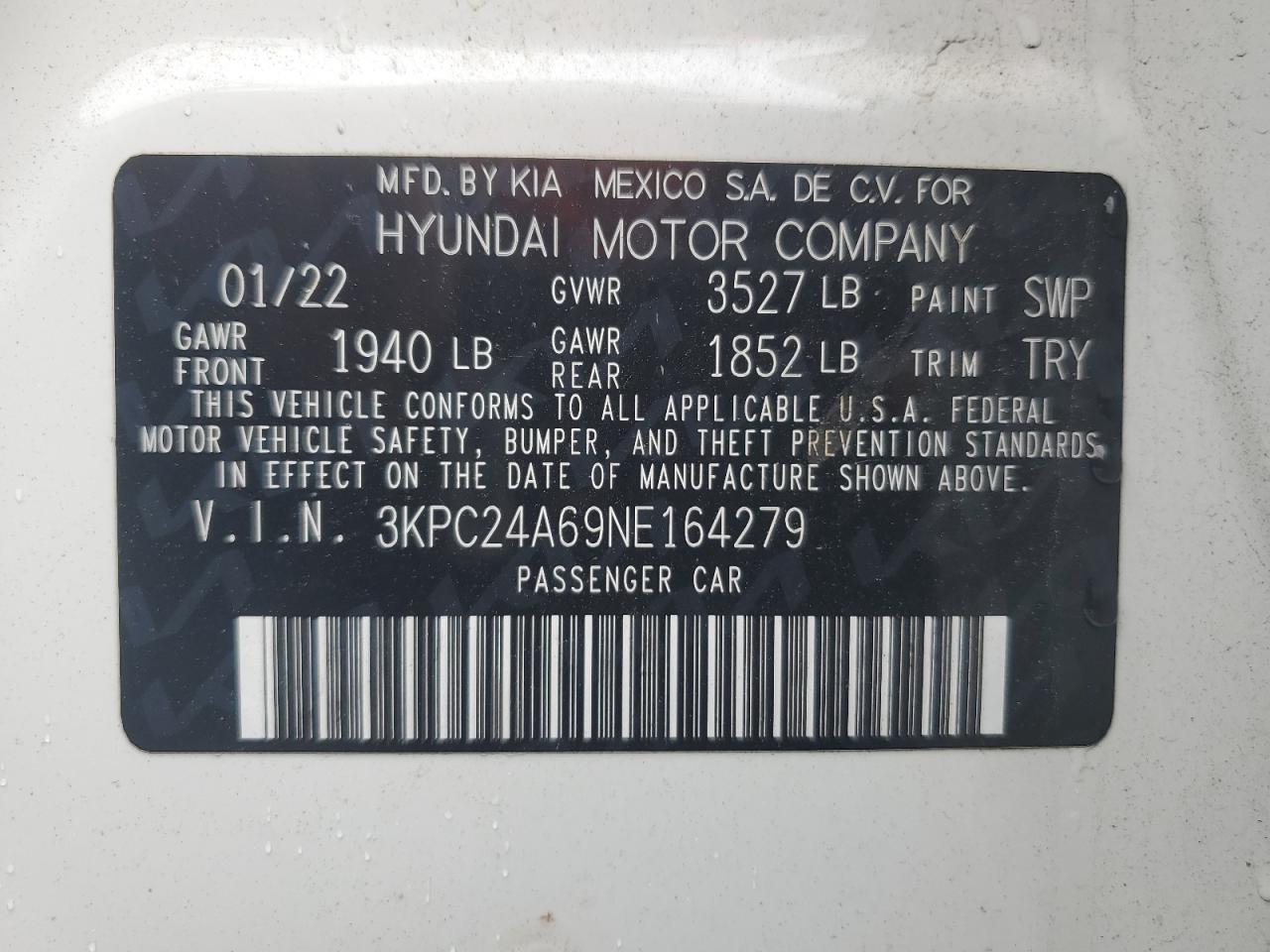 2022 Hyundai Accent Se VIN: 3KPC24A69NE164279 Lot: 63552495
