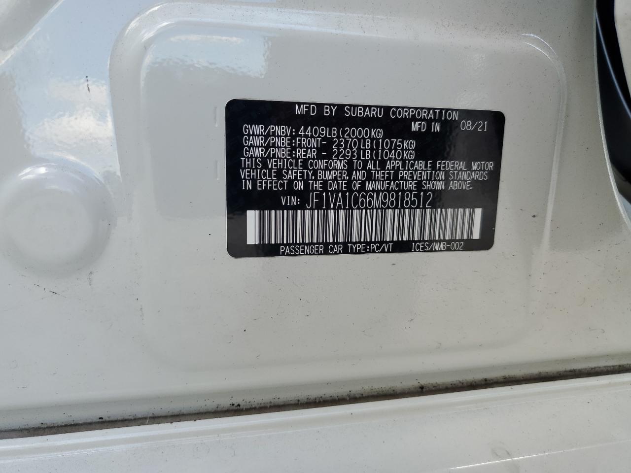 2021 Subaru Wrx Premium VIN: JF1VA1C66M9818512 Lot: 66545095