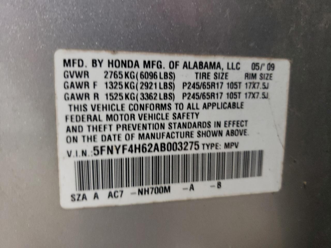 2010 Honda Pilot Exl VIN: 5FNYF4H62AB003275 Lot: 63915685