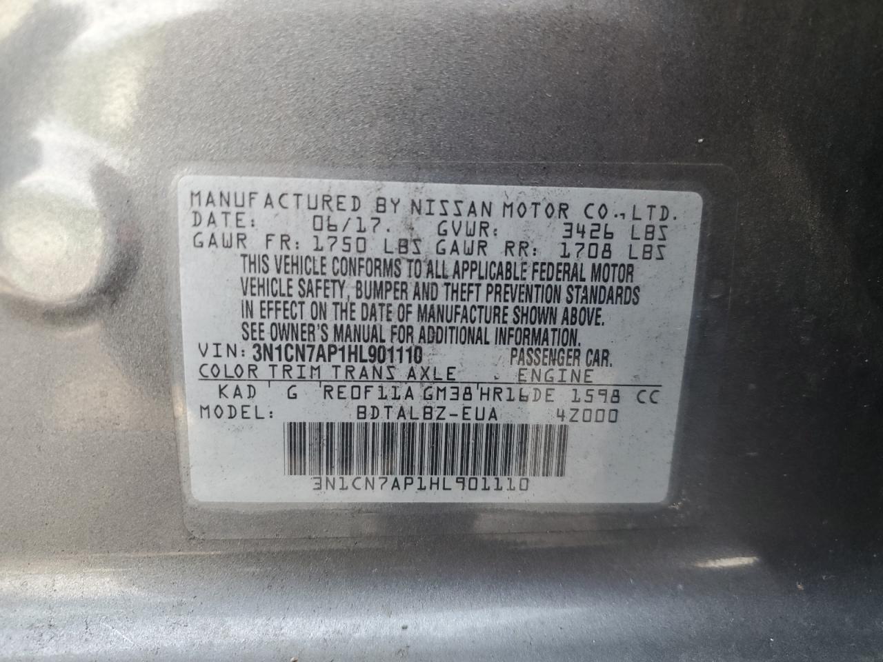 2017 Nissan Versa S VIN: 3N1CN7AP1HL901110 Lot: 65046675