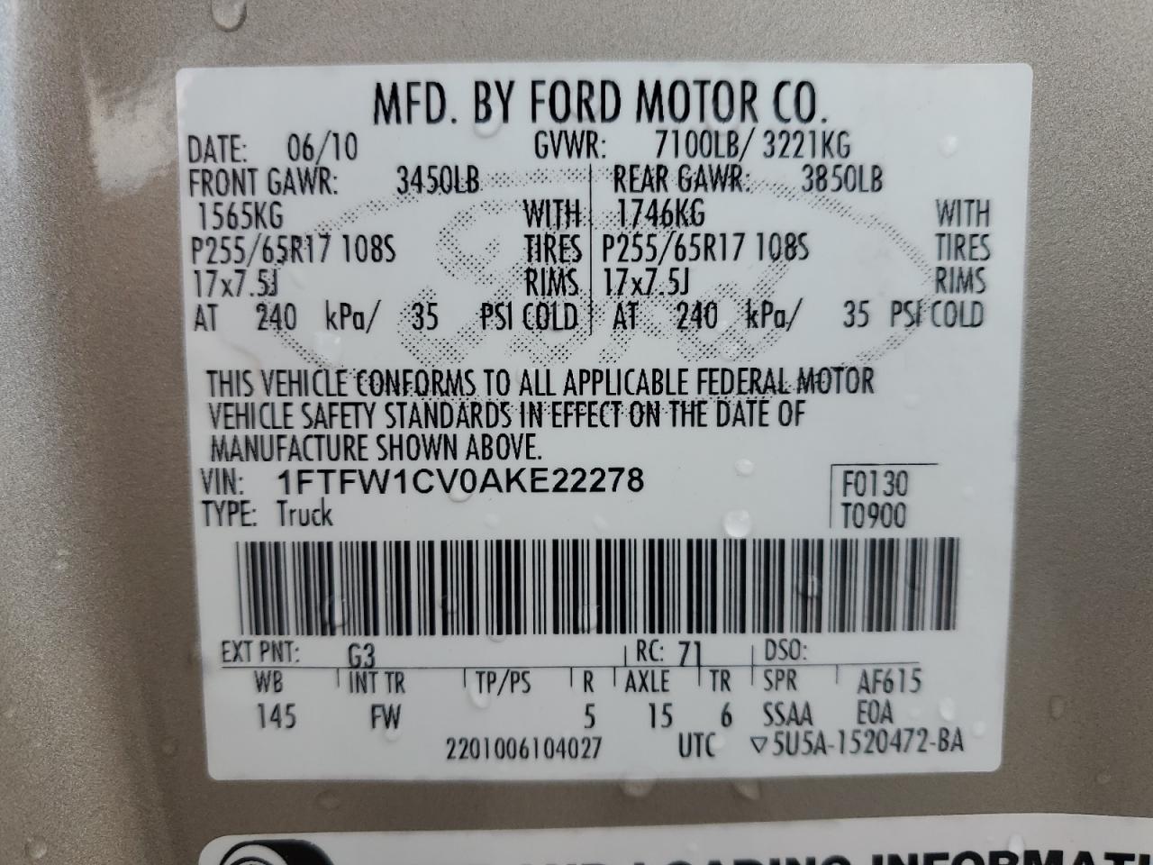 2010 Ford F150 Supercrew VIN: 1FTFW1CV0AKE22278 Lot: 65181525