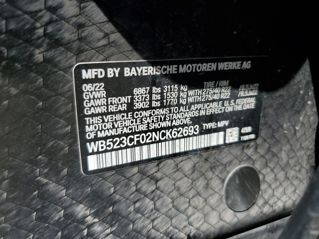 2022 BMW Ix xDrive50 VIN: WB523CF02NCK62693 Lot: 65888515