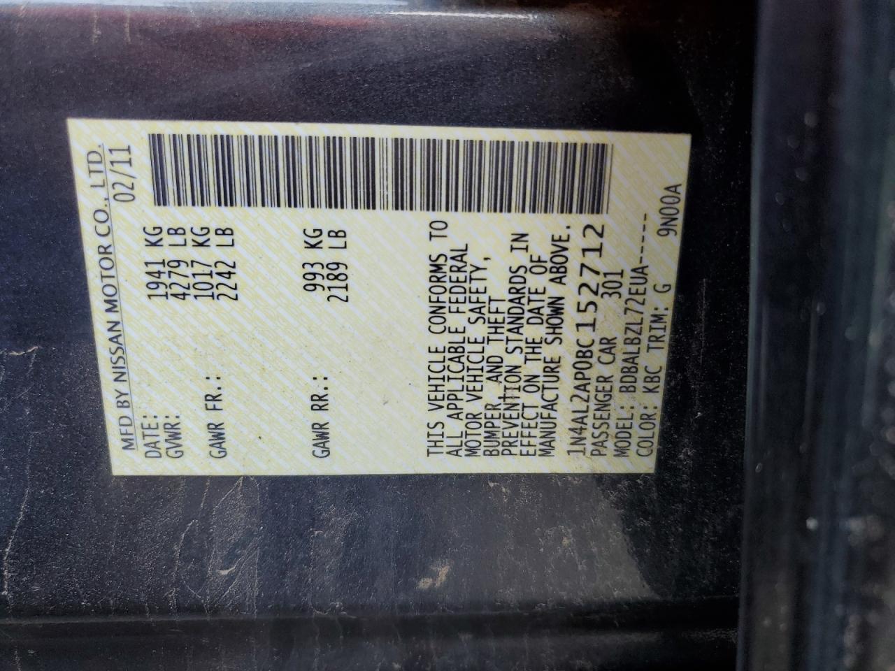 2011 Nissan Altima Base VIN: 1N4AL2AP0BC152712 Lot: 64067865