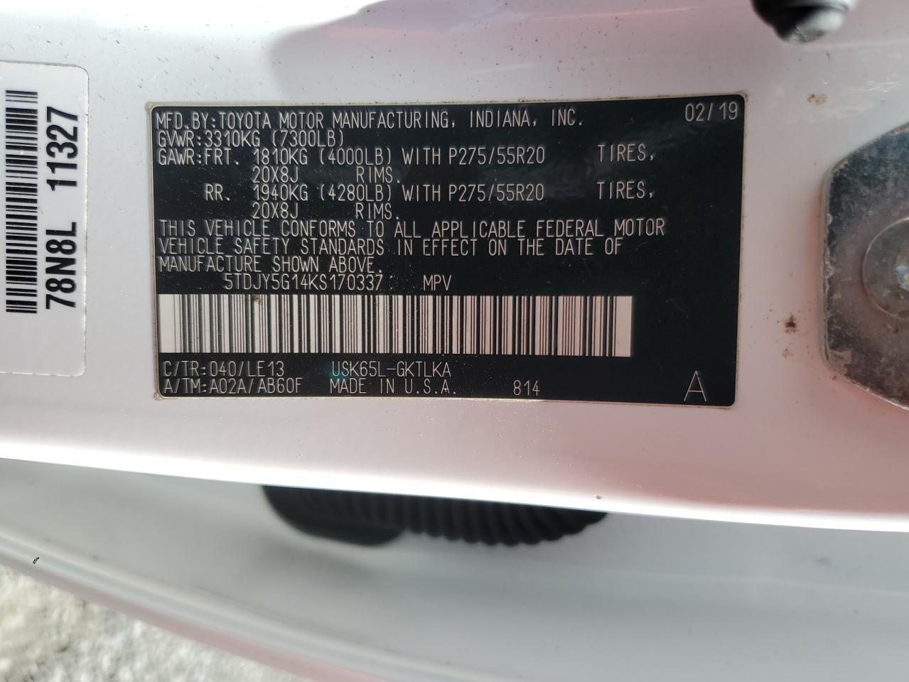 2019 Toyota Sequoia Limited VIN: 5TDJY5G14KS170337 Lot: 63344215