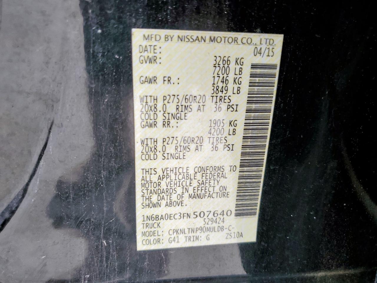 2015 Nissan Titan S VIN: 1N6BA0EC3FN507640 Lot: 63861755