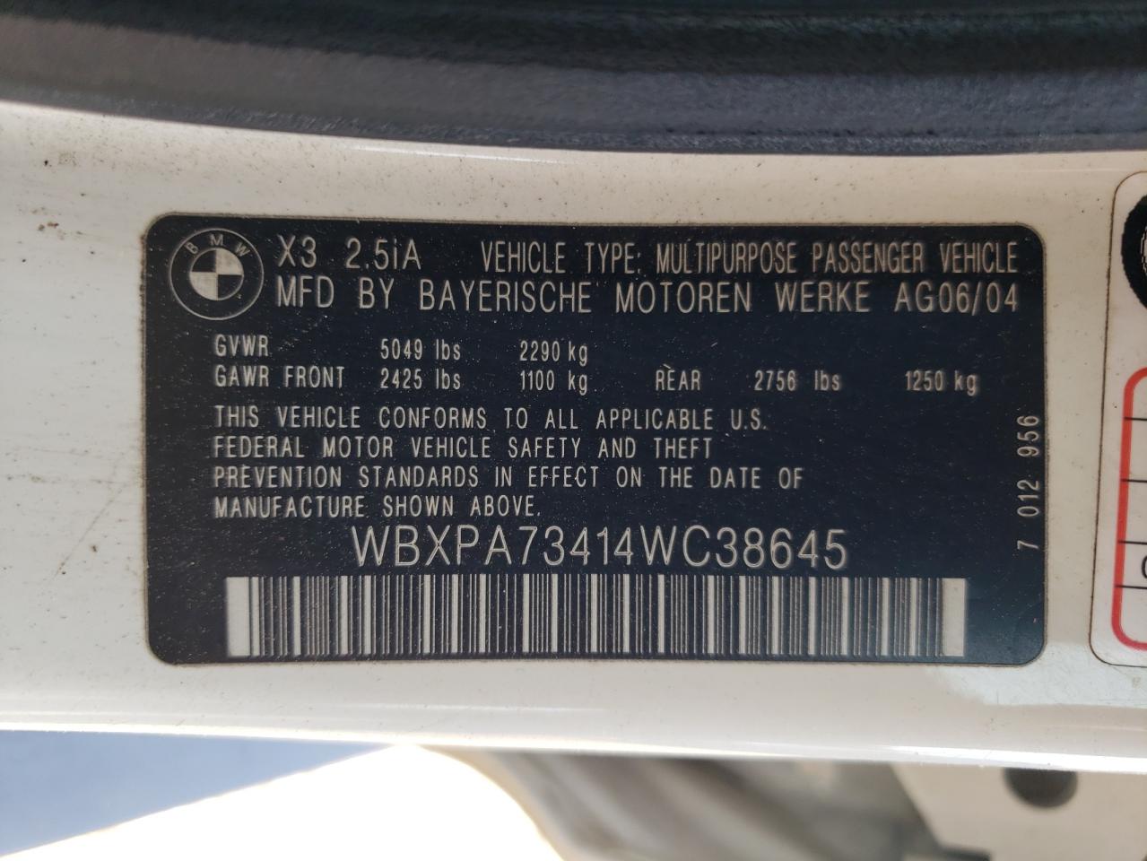 2004 BMW X3 2.5I VIN: WBXPA73414WC38645 Lot: 63527515