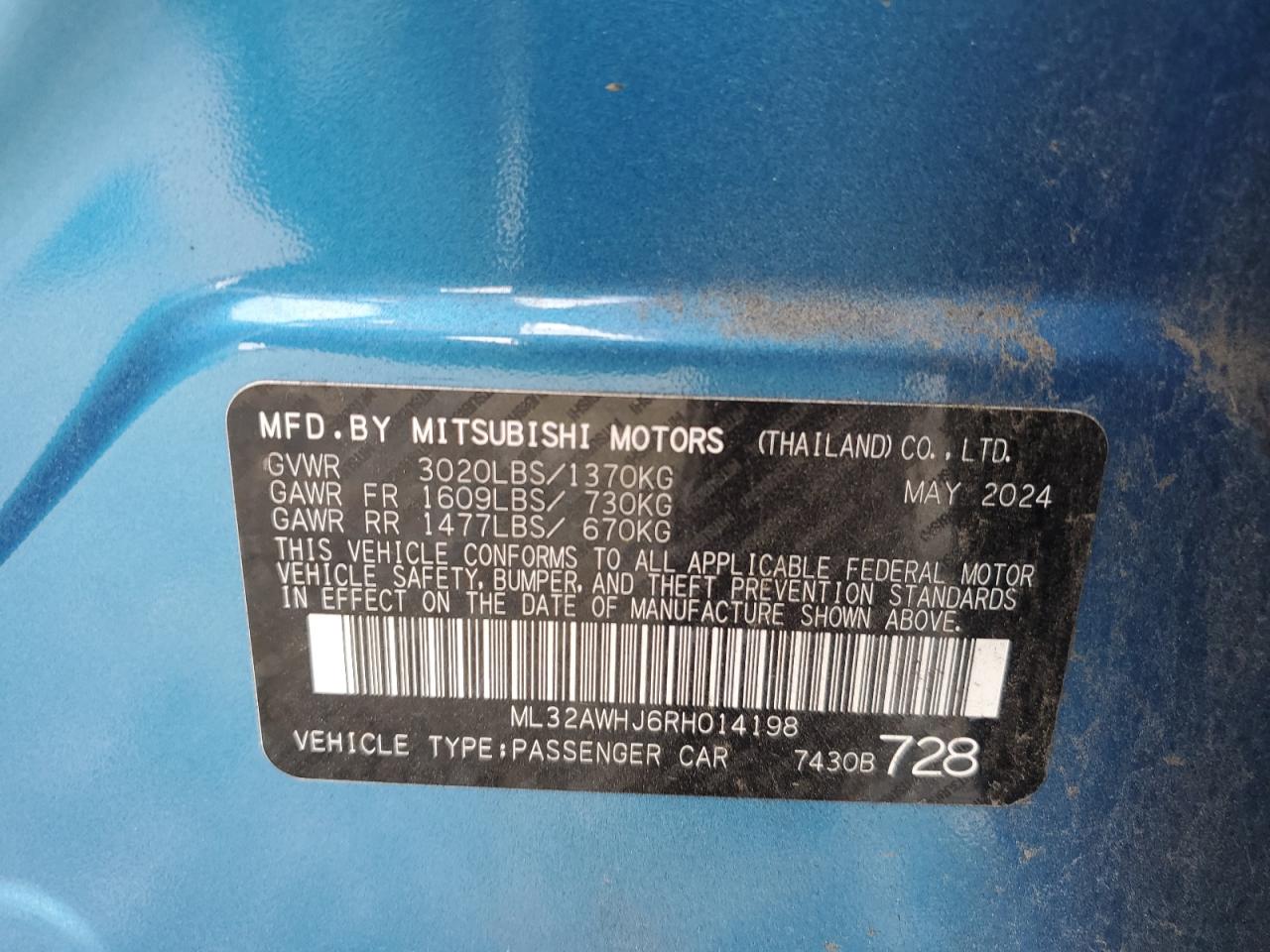 2024 Mitsubishi Mirage Se VIN: ML32AWHJ6RH014198 Lot: 64096755