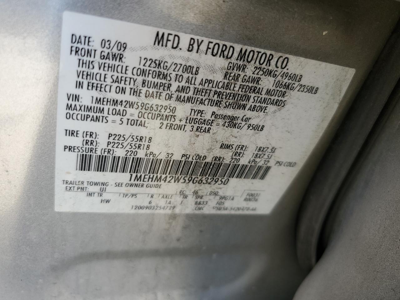 2009 Mercury Sable Premier VIN: 1MEHM42W59G632950 Lot: 63034965