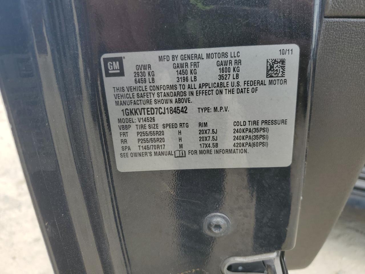 1gkkvted7cj184542 1GKKVTED7CJ184542 2012 GMC Acadia Denali