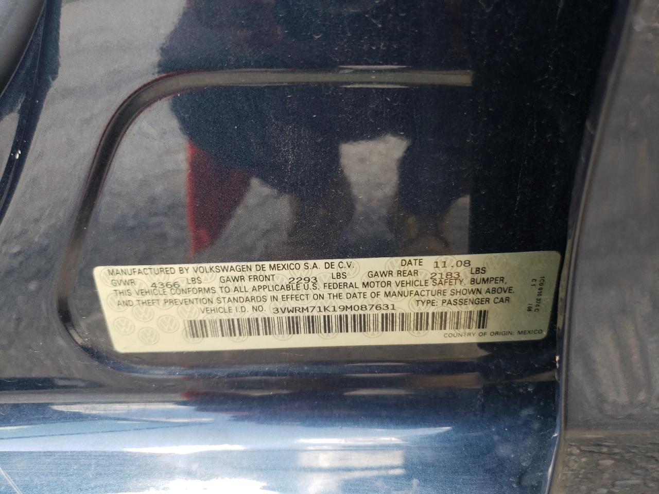 2009 Volkswagen Jetta Se VIN: 3VWRM71K19M087631 Lot: 63368095