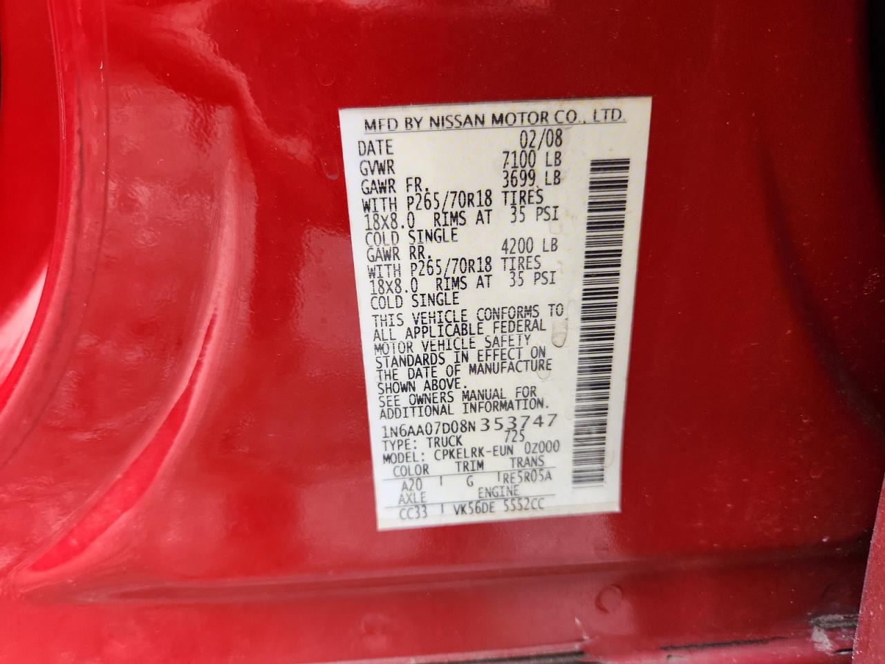2008 Nissan Titan Xe VIN: 1N6AA07D08N353747 Lot: 63226805
