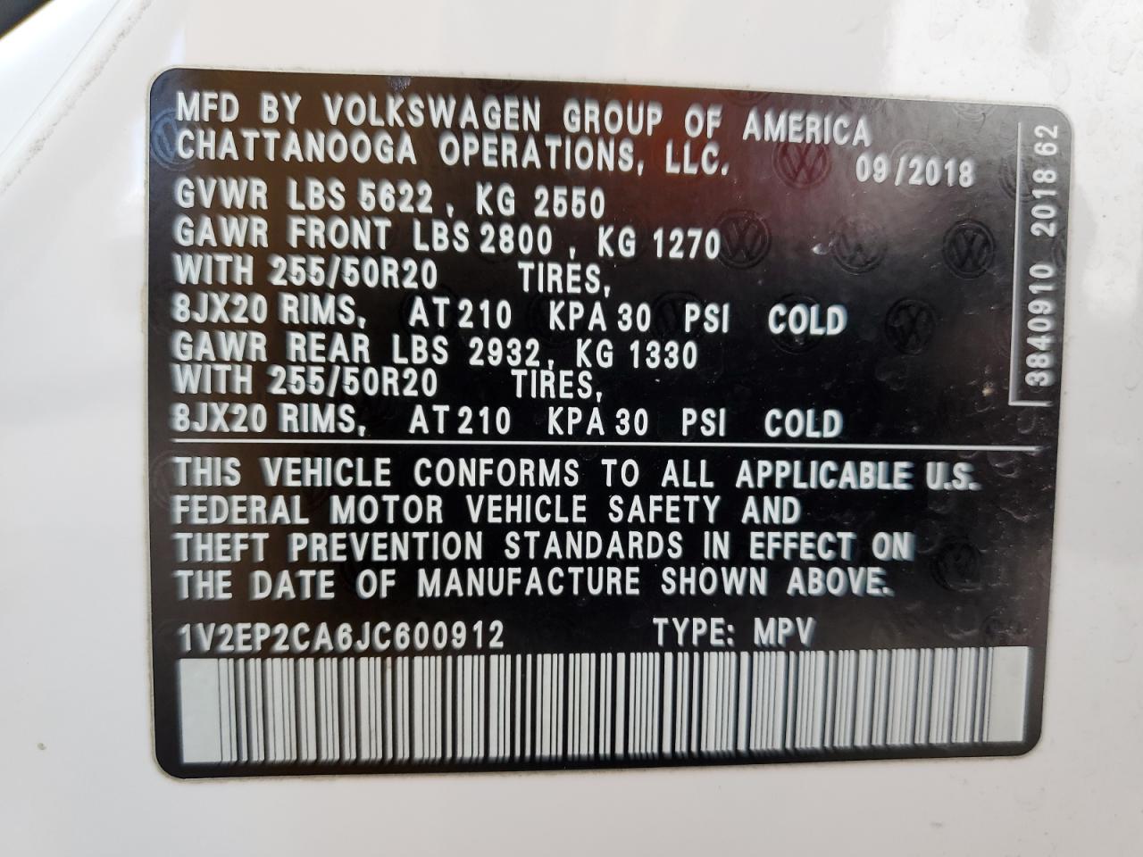 2018 Volkswagen Atlas Sel VIN: 1V2EP2CA6JC600912 Lot: 64188285