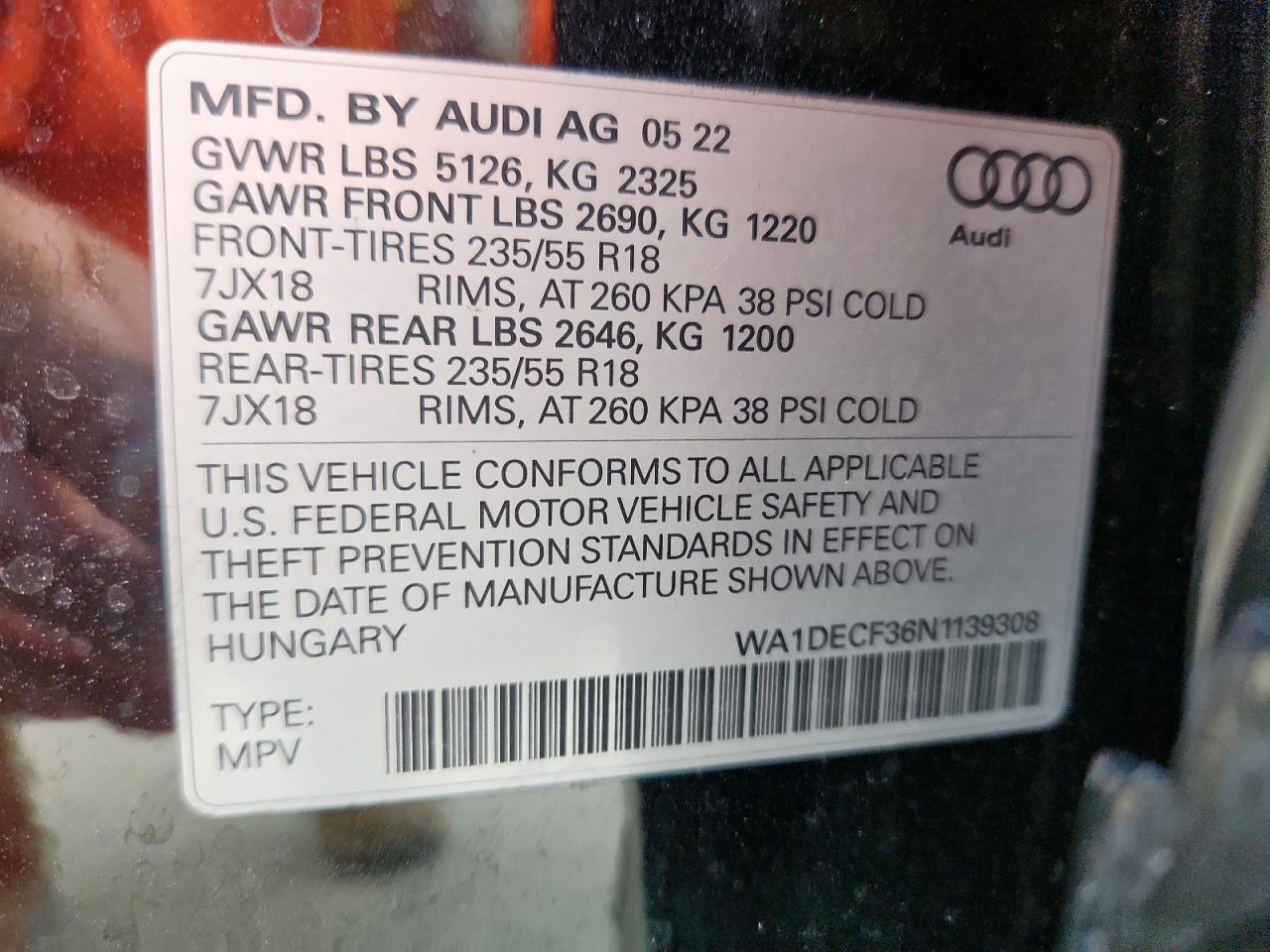 2022 Audi Q3 Premium S Line 45 VIN: WA1DECF36N1139308 Lot: 63112445