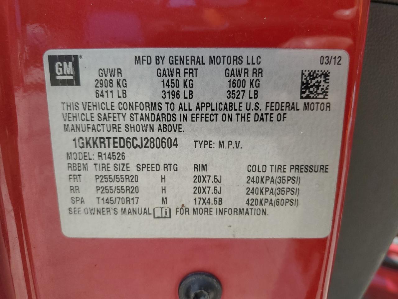 2012 GMC Acadia Denali VIN: 1GKKRTED6CJ280604 Lot: 64327715