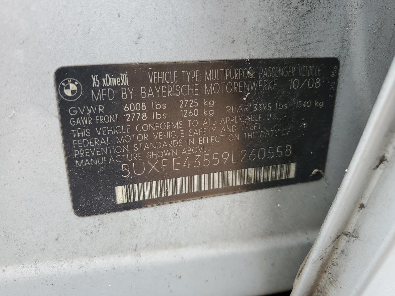2009 BMW X5 xDrive30I VIN: 5UXFE43559L260558 Lot: 64252525