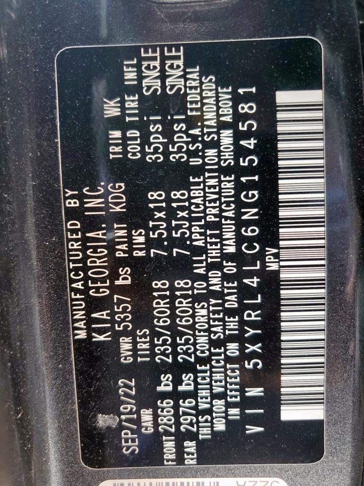 2022 Kia Sorento S VIN: 5XYRL4LC6NG154581 Lot: 63263425