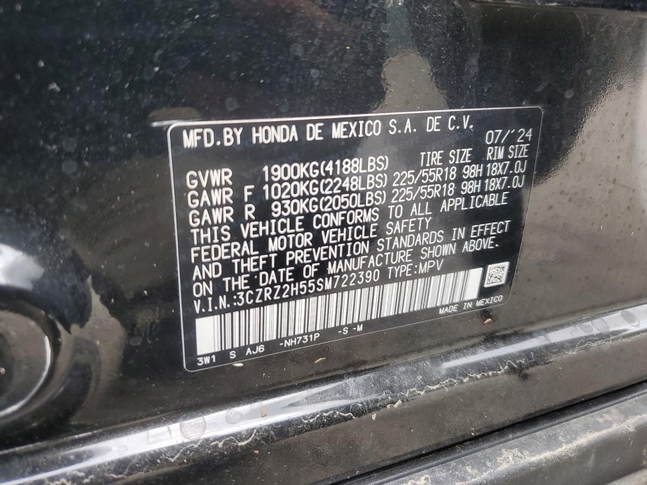 2025 Honda Hr-V Sport VIN: 3CZRZ2H55SM722390 Lot: 65086085