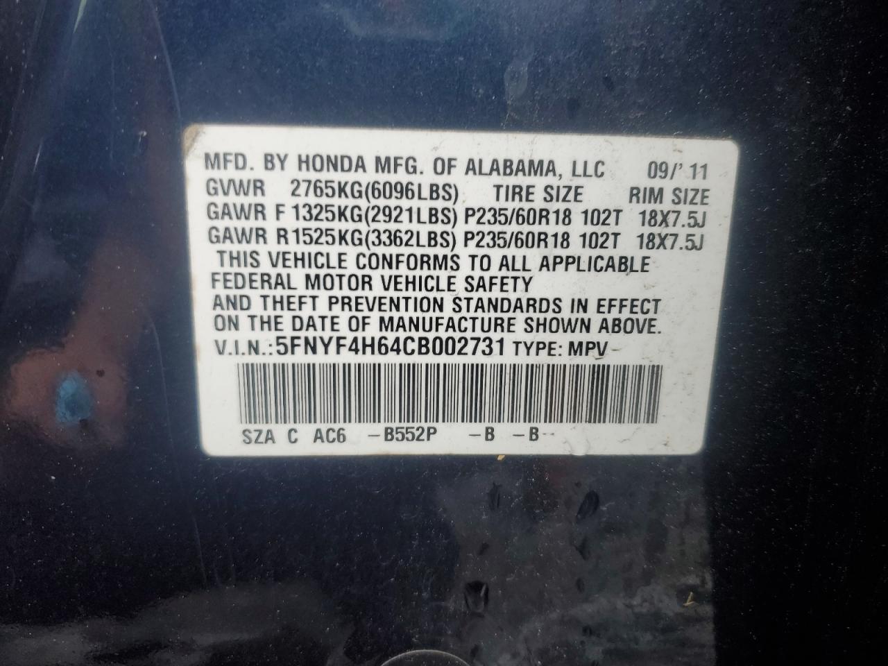 2012 Honda Pilot Exl VIN: 5FNYF4H64CB002731 Lot: 63071555