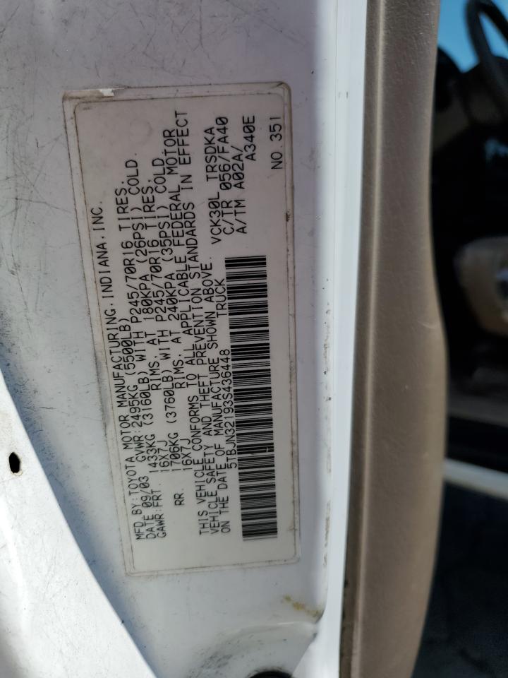 2003 Toyota Tundra VIN: 5TBJN32193S436448 Lot: 63147665