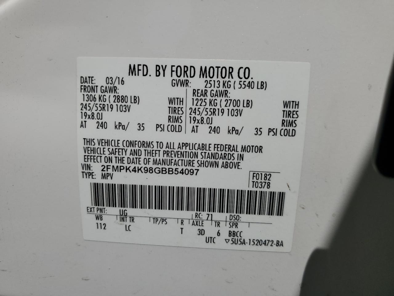 2016 Ford Edge Titanium VIN: 2FMPK4K98GBB54097 Lot: 62915925