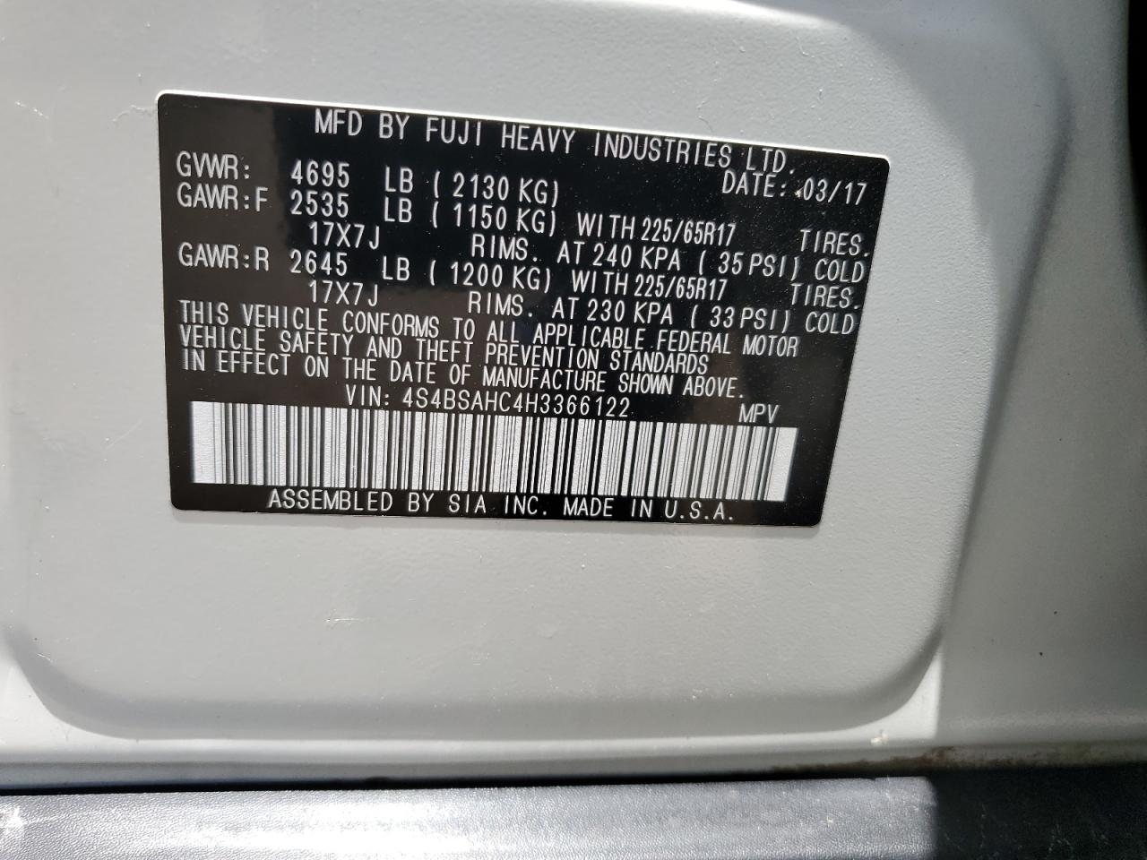 2017 Subaru Outback 2.5I Premium VIN: 4S4BSAHC4H3366122 Lot: 63177495