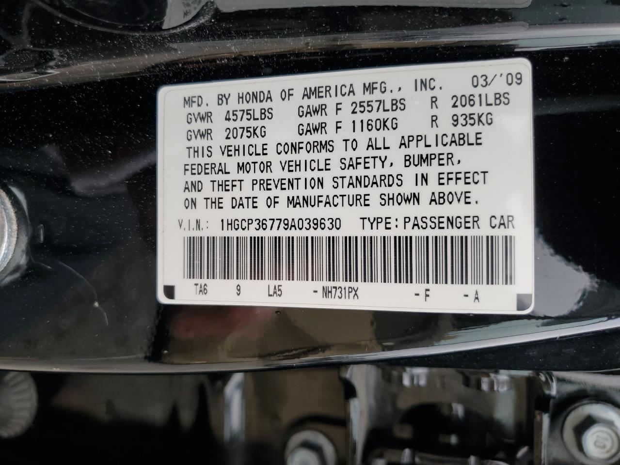 2009 Honda Accord Ex VIN: 1HGCP36779A039630 Lot: 65033775
