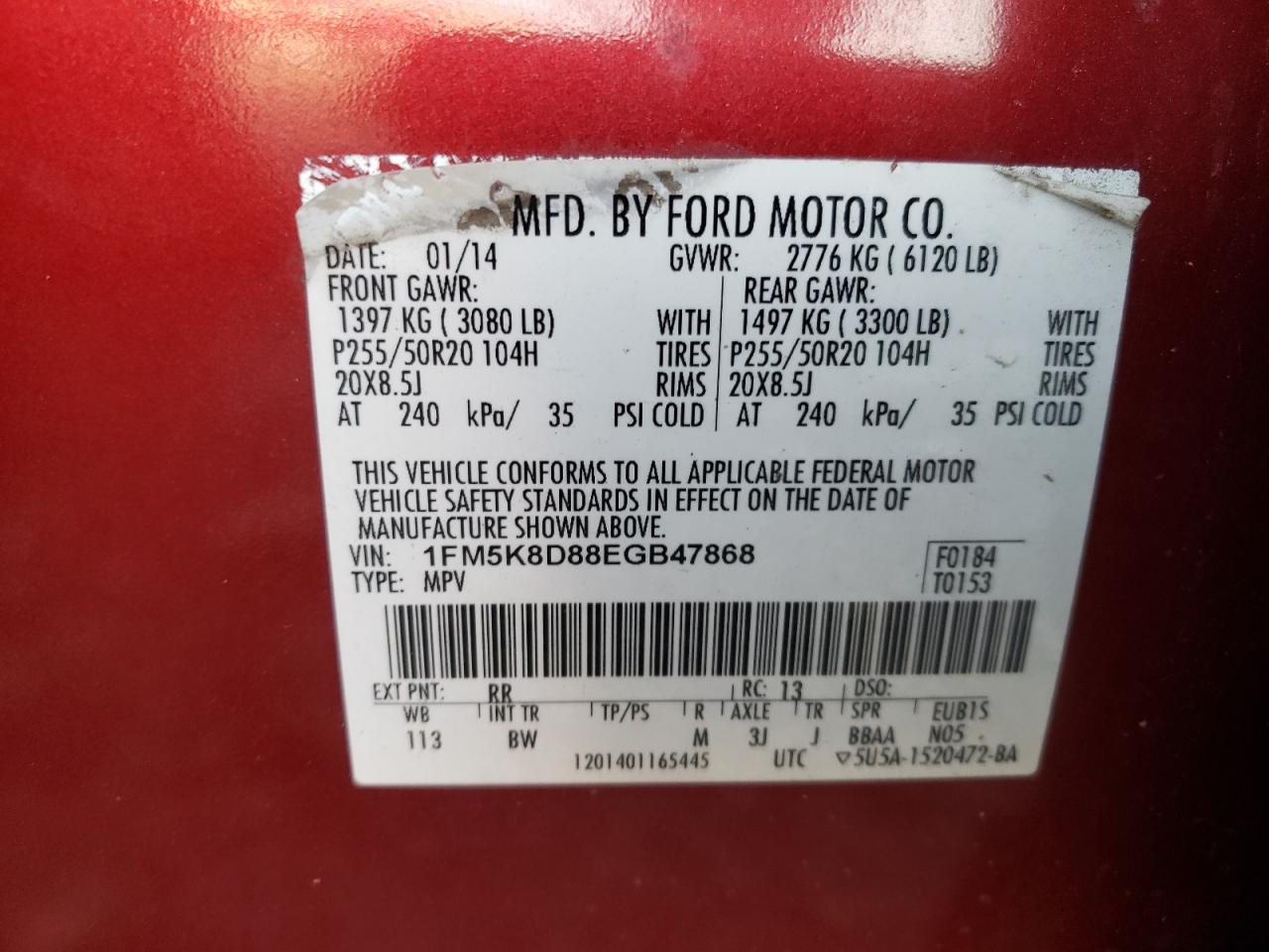 2014 Ford Explorer Xlt VIN: 1FM5K8D88EGB47868 Lot: 64402505
