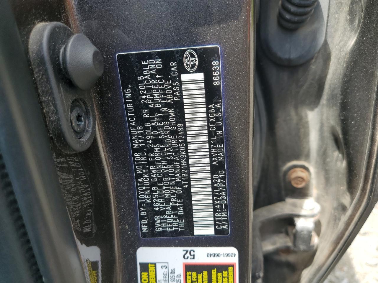 2019 Toyota Camry Hybrid VIN: 4T1B21HK9KU512488 Lot: 65263005