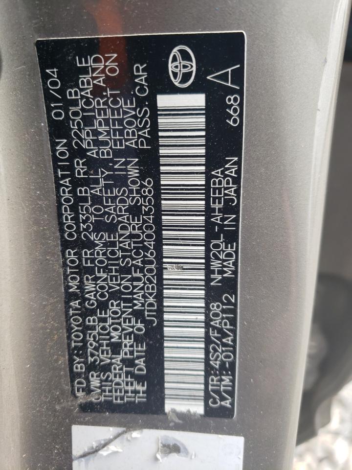 2004 Toyota Prius VIN: JTDKB20U640043586 Lot: 65244535