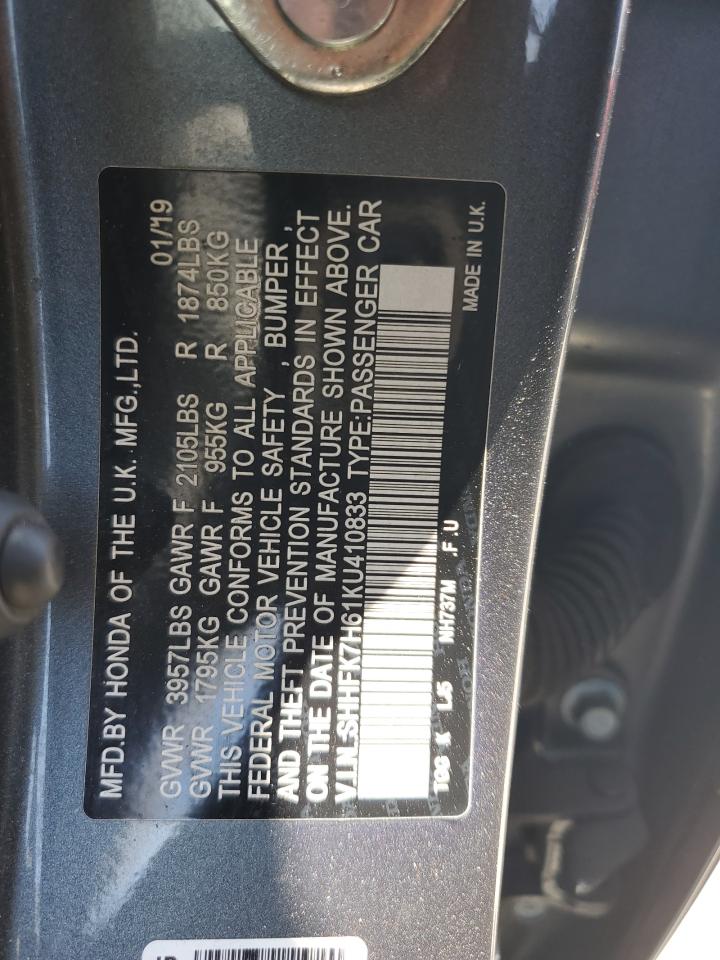 2019 Honda Civic Ex VIN: SHHFK7H61KU410833 Lot: 65286725