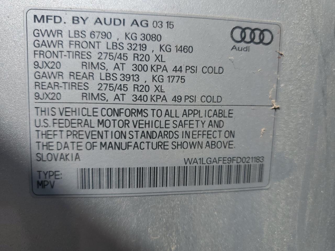 2015 Audi Q7 Premium Plus VIN: WA1LGAFE9FD021183 Lot: 63902315