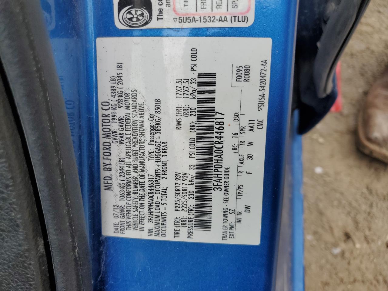 2012 Ford Fusion Se VIN: 3FAHP0HA0CR446817 Lot: 64817605