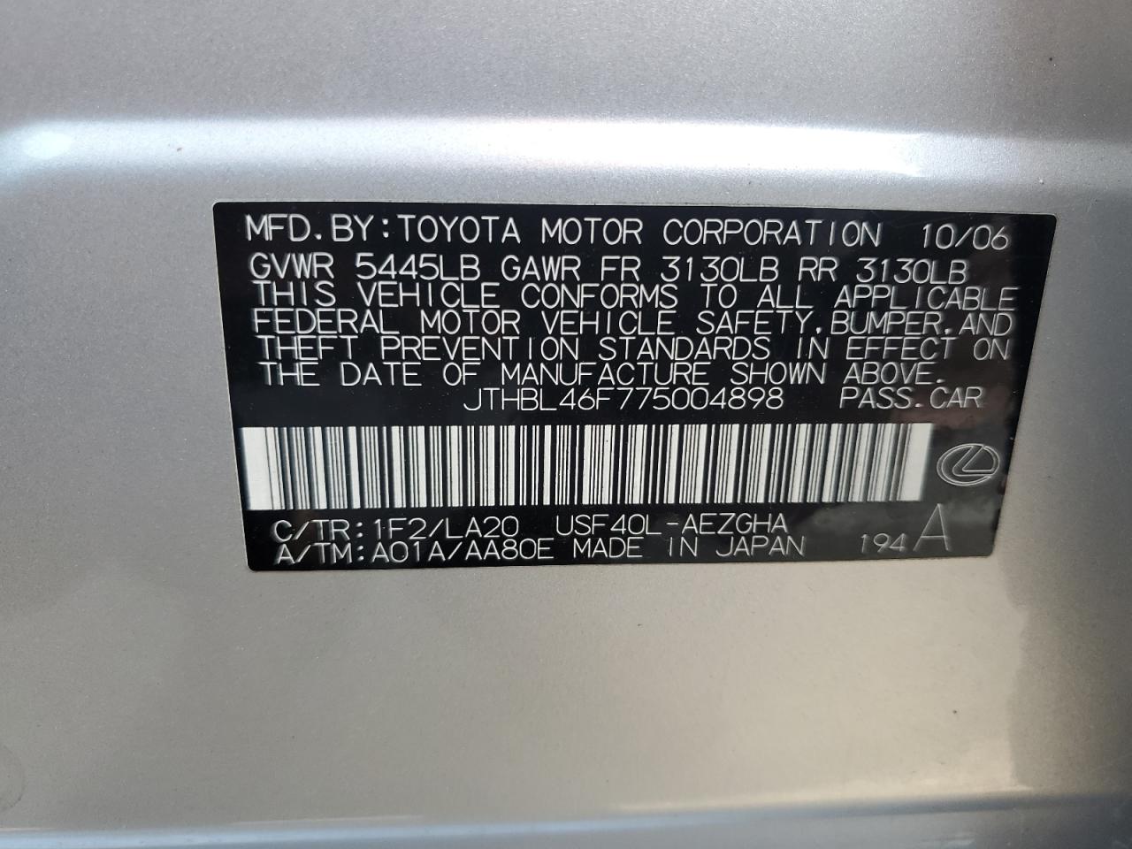 2007 Lexus Ls 460 VIN: JTHBL46F775004898 Lot: 64888855