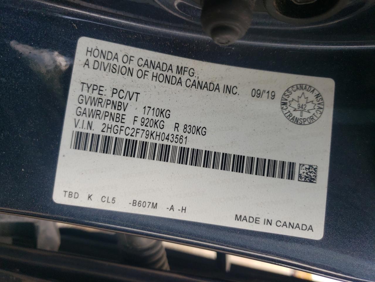 2019 Honda Civic Ex VIN: 2HGFC2F79KH043561 Lot: 63555975