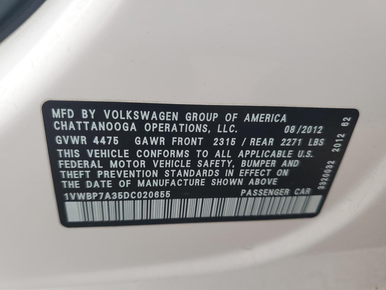 2013 Volkswagen Passat Se VIN: 1VWBP7A35DC020655 Lot: 63686065