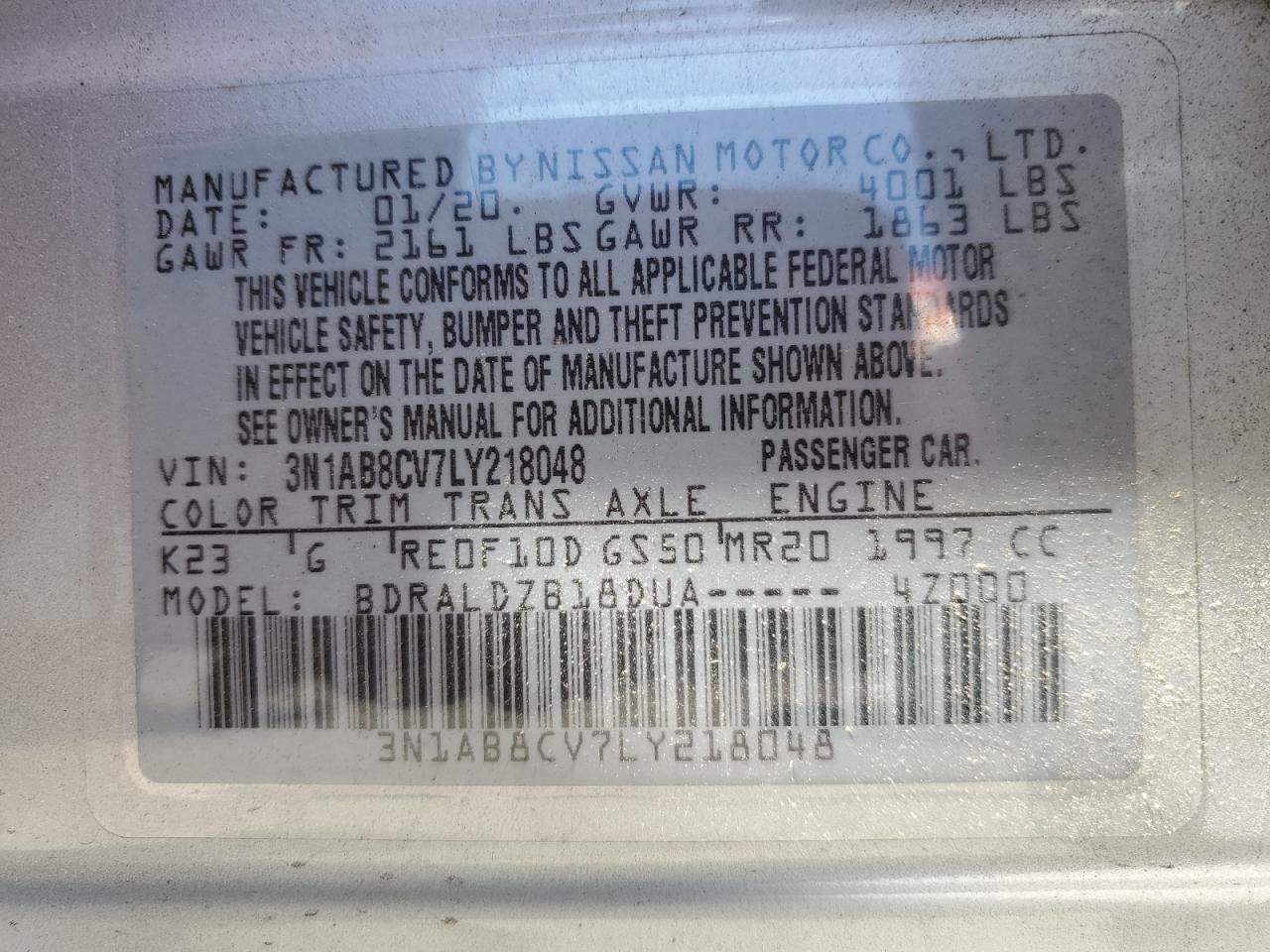 2020 Nissan Sentra Sv VIN: 3N1AB8CV7LY218048 Lot: 63624285