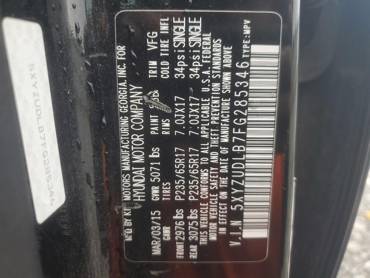 2015 Hyundai Santa Fe Sport VIN: 5XYZUDLB7FG285346 Lot: 65518135