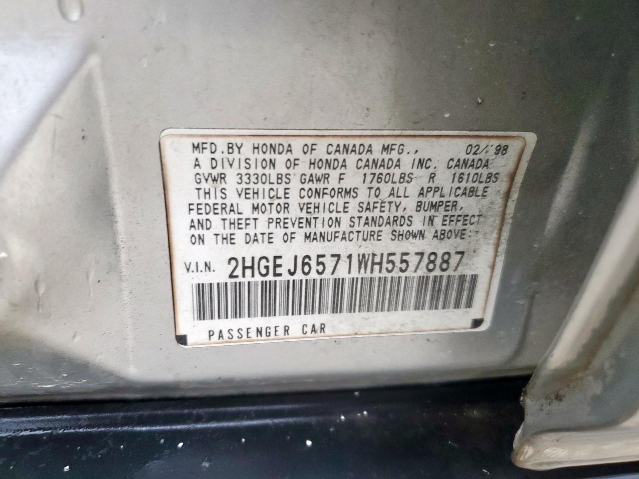 1998 Honda Civic Lx VIN: 2HGEJ6571WH557887 Lot: 63452865