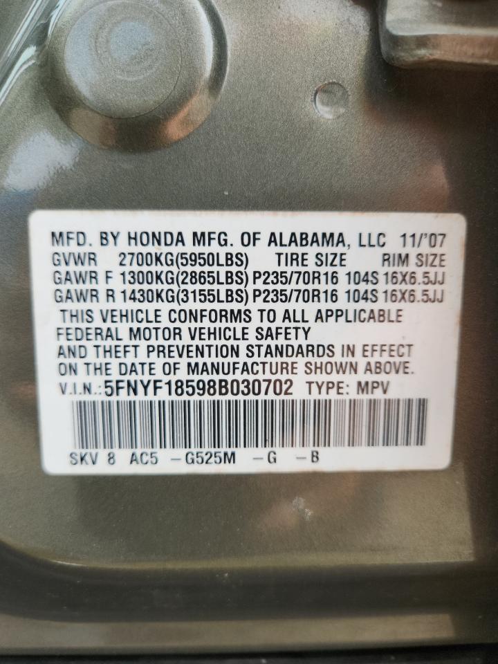 2008 Honda Pilot Exl VIN: 5FNYF18598B030702 Lot: 64617975