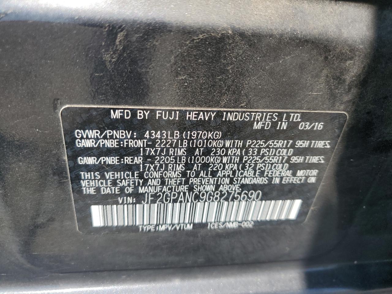 2016 Subaru Crosstrek Limited VIN: JF2GPANC9G8275690 Lot: 65097185